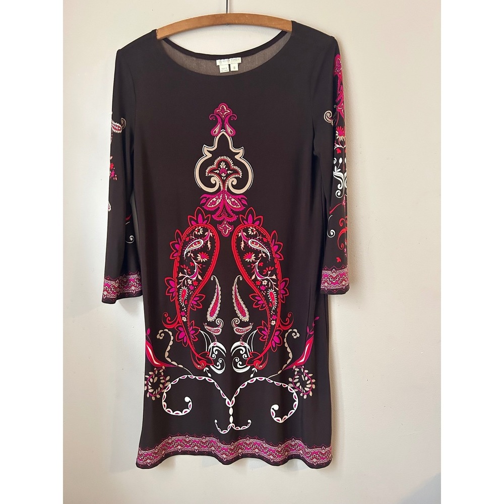 London Times Brown Paisley Print‎ 3/4 Sleeve Knee Length Size 8 IndieSleeze